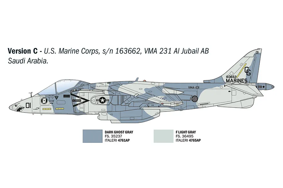 A side-profile illustration of a US Marine Corps AV-8B Harrier II jet, showing camouflage pattern and paint color references.