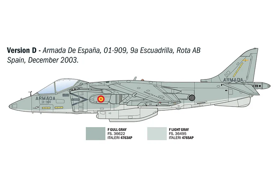 A side-profile technical illustration of an AV-8B Harrier II jet in Spanish Armada livery, showing paint color references for the model kit.