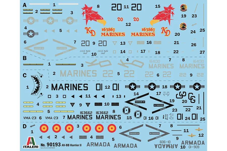 A decal sheet for the Italeri 1/72 AV-8B Harrier II model kit, featuring various markings, insignia, and numbers on a light blue backing paper.