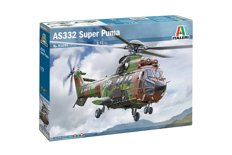 Italeri 1/72 scale AS332 Super Puma helicopter plastic model kit box showing a camouflaged military helicopter in flight.