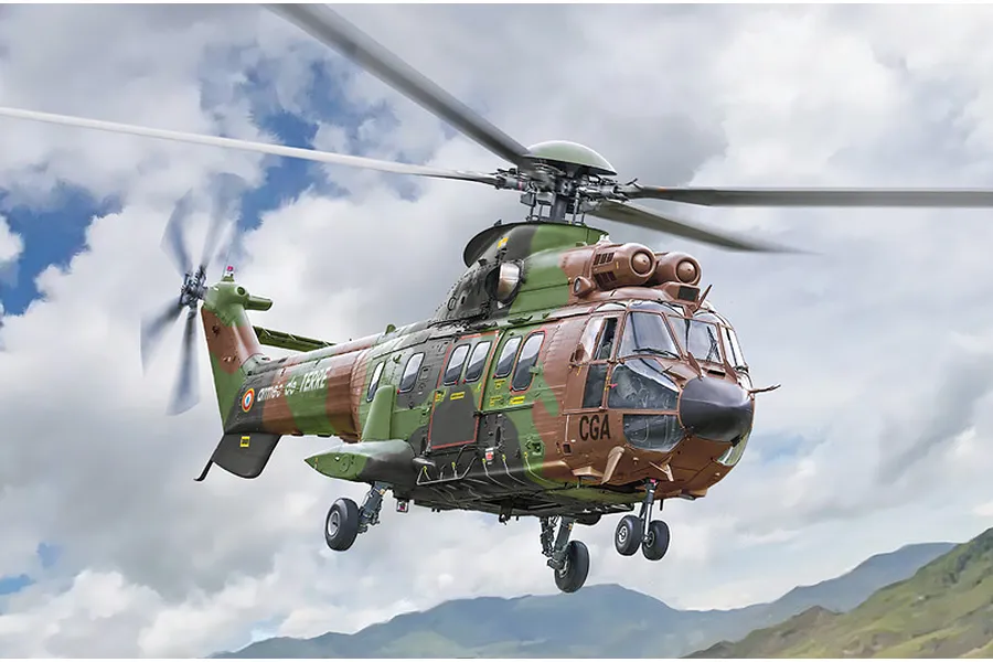 An artistic illustration of an AS332 Super Puma helicopter in French Army camouflage flying over a mountainous landscape.