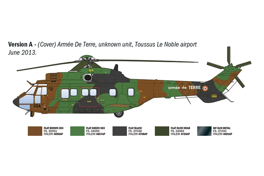 A side-profile digital illustration of an AS332 Super Puma helicopter in French Army camouflage, including a paint reference guide.