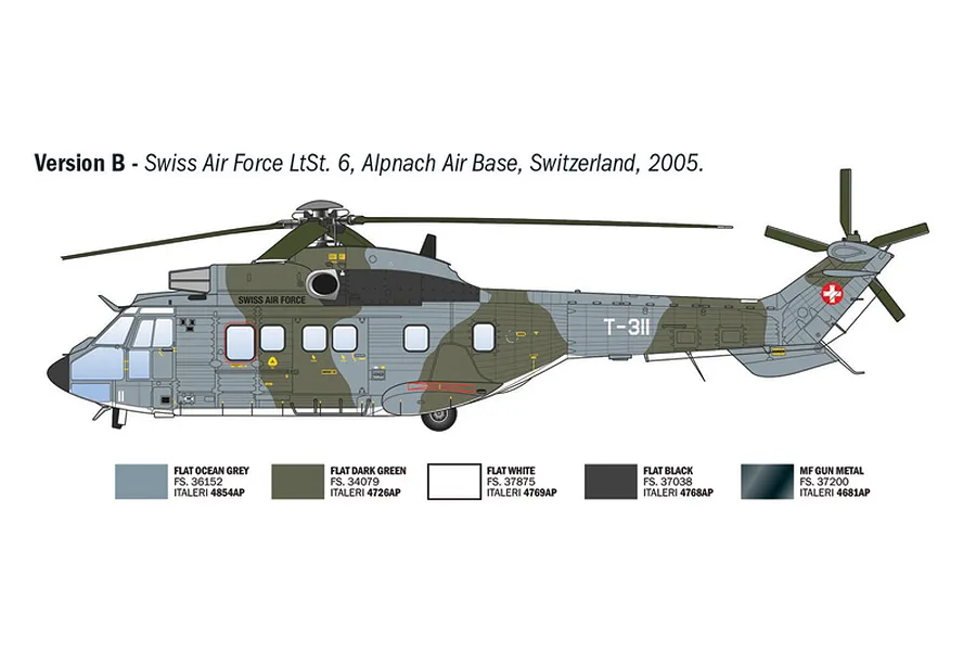 A side-profile illustration of an AS332 Super Puma helicopter in Swiss Air Force camouflage livery, including a paint reference guide.