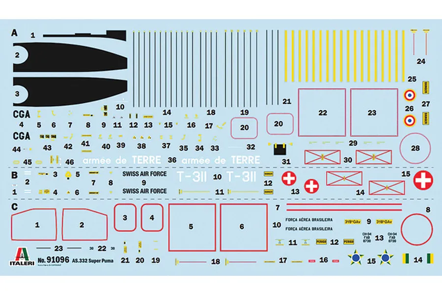 A decal sheet for the Italeri 1/72 AS332 Super Puma model kit, featuring various markings, national insignia, and text labels on a light blue backing.