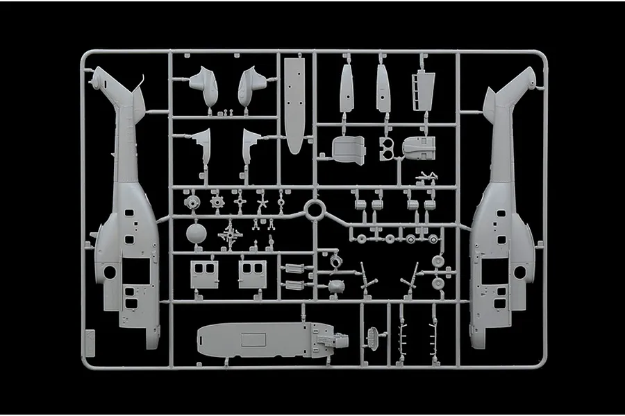 A grey plastic sprue containing various parts for an Italeri 1/72 scale AS332 Super Puma helicopter model kit, set against a black background.