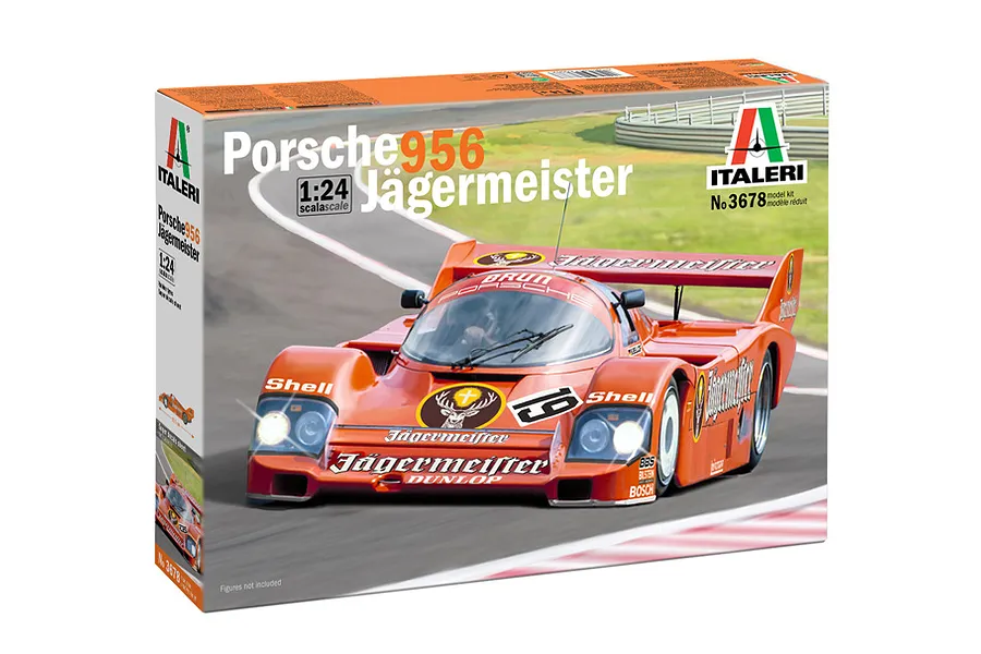 Italeri 1/24 scale Porsche 956 Jägermeister plastic model kit box showing the orange race car on a track.
