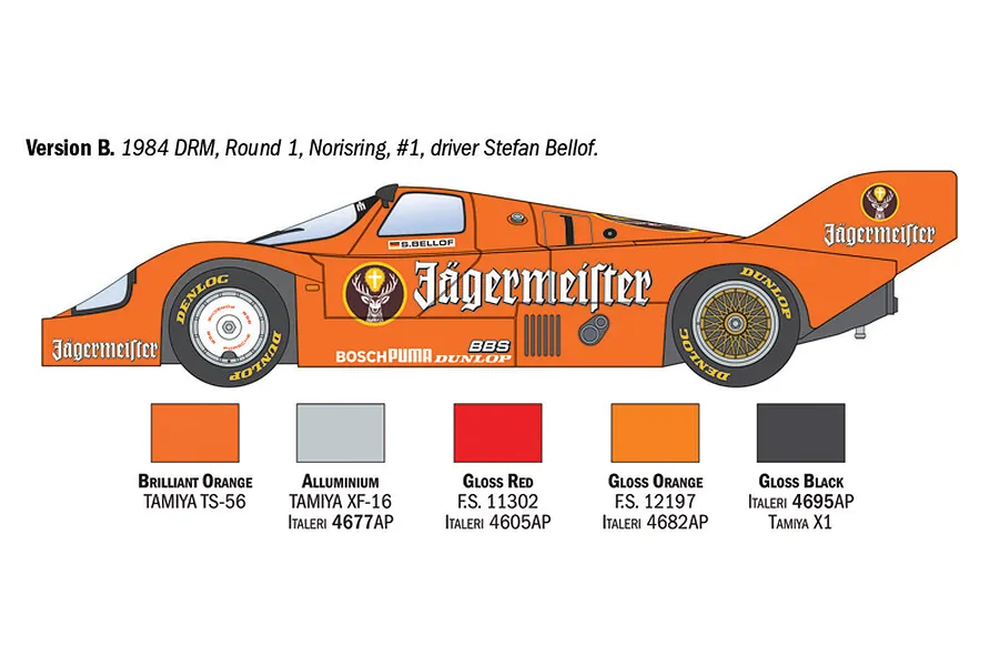 A digital illustration of a Porsche 956 race car in Jägermeister orange livery, with a paint colour reference guide below it.