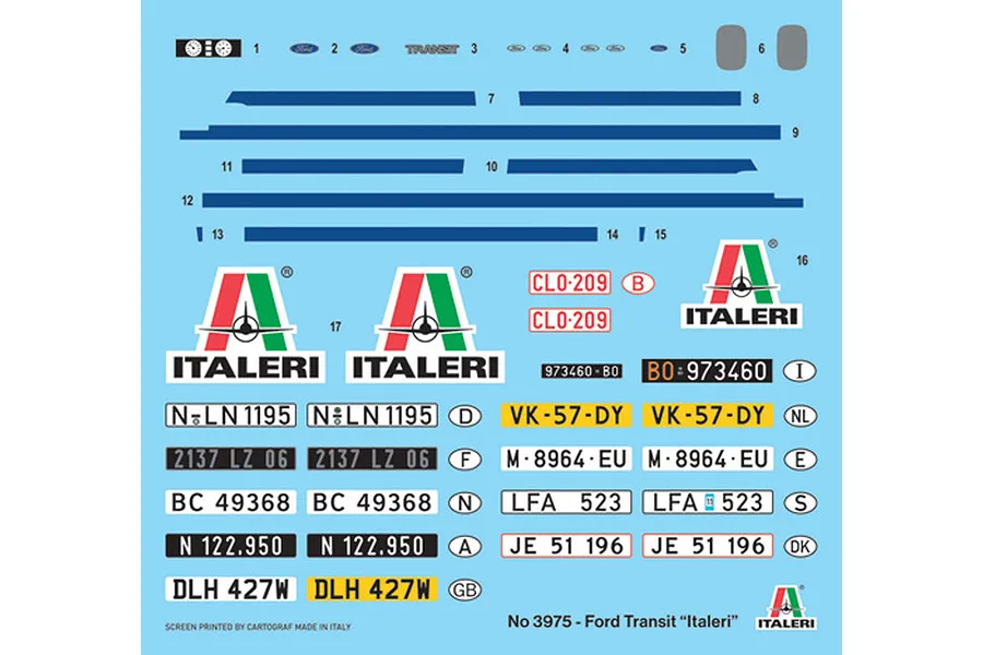 A decal sheet for the Italeri 1/24 Ford Transit model kit, featuring various license plates, stripes, and Italeri logos on a light blue backing.