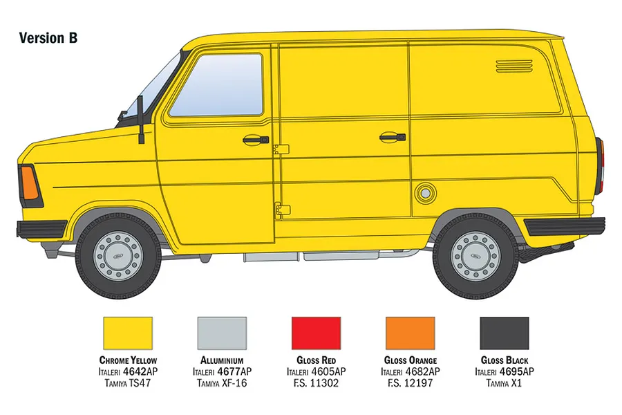 A side-profile illustration of a yellow Ford Transit van, labeled Version B, with a color guide below showing paint codes for the model kit.