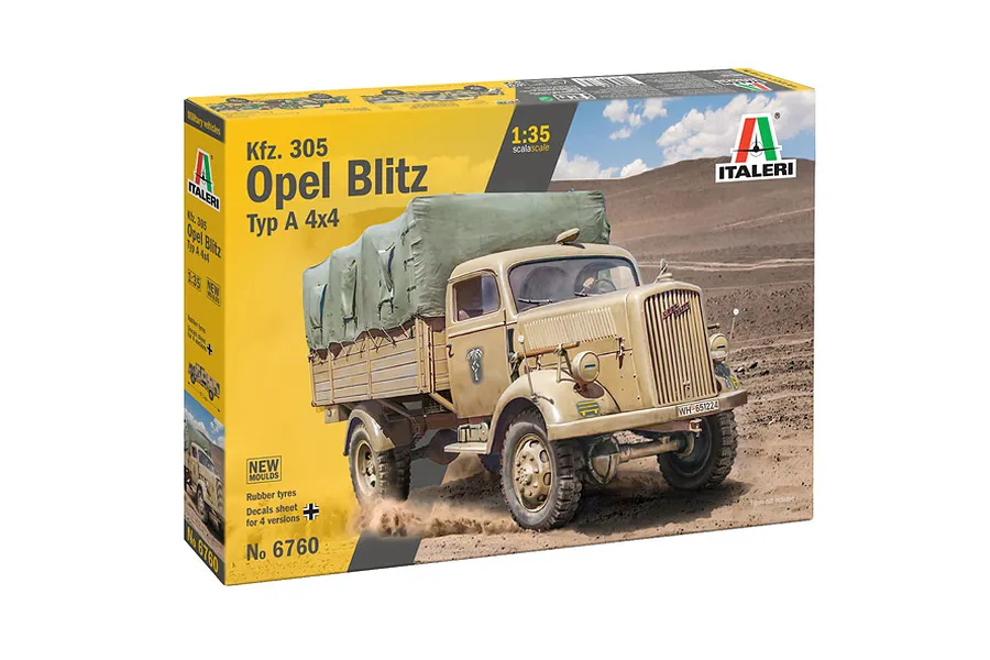 Italeri 1/35 scale Kfz.305 Opel Blitz Typ A 4x4 model kit box, featuring artwork of a tan military truck driving on a dirt road.