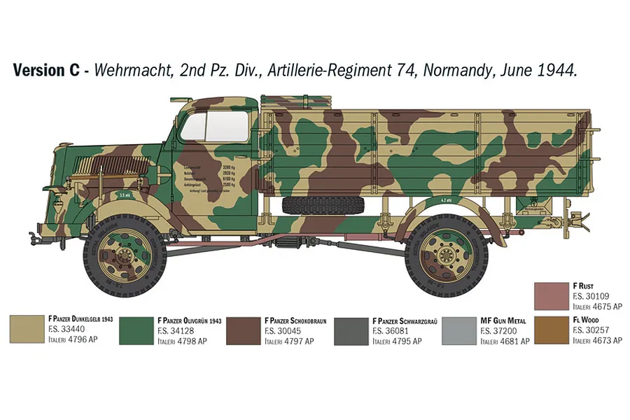 A side-profile illustration of a German Opel Blitz truck in camouflage paint, showing painting guide version C for a 1/35 scale model kit.