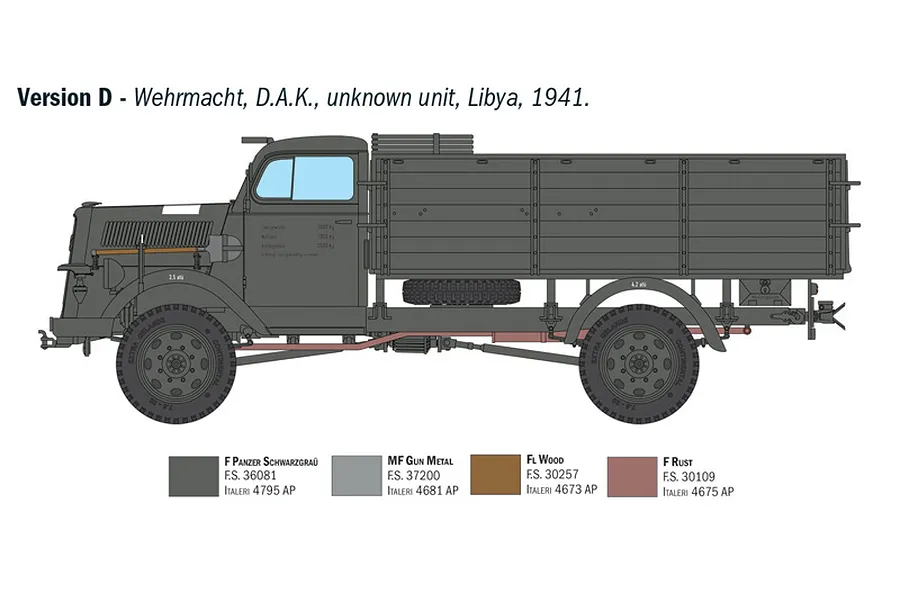 A side-profile technical illustration of an Opel Blitz truck, showing painting guide Version D for a Wehrmacht vehicle in Libya, 1941.