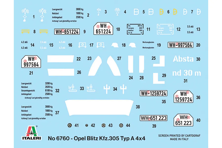 A decal sheet for the Italeri 1/35 scale Opel Blitz Kfz.305 Typ A 4x4 model kit, featuring various military markings, license plates, and technical data.