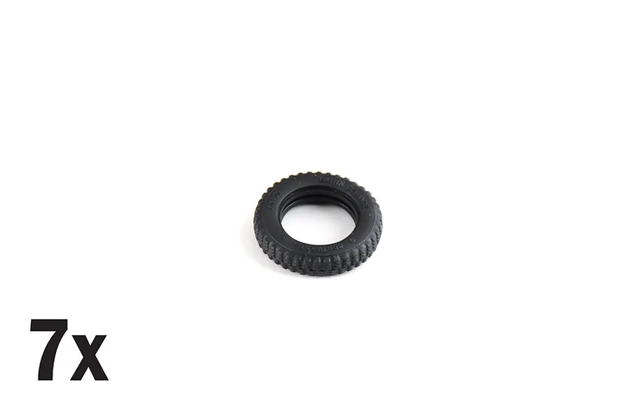 A single black rubber model truck tire with a 7x multiplier text in the corner, indicating seven tires are included in the kit.