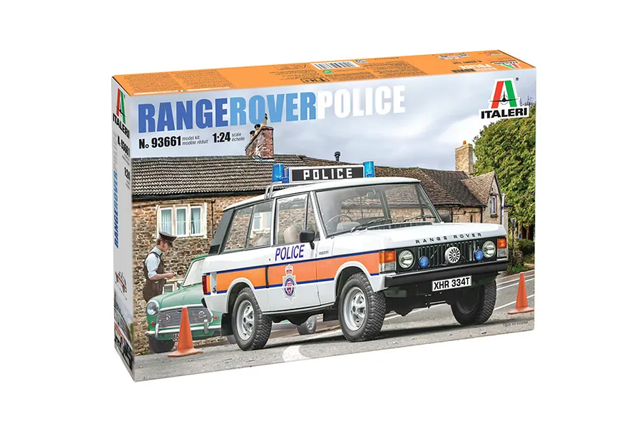 Italeri 1/24 scale Range Rover Police model kit box showing a finished model of a white police Range Rover on a road.