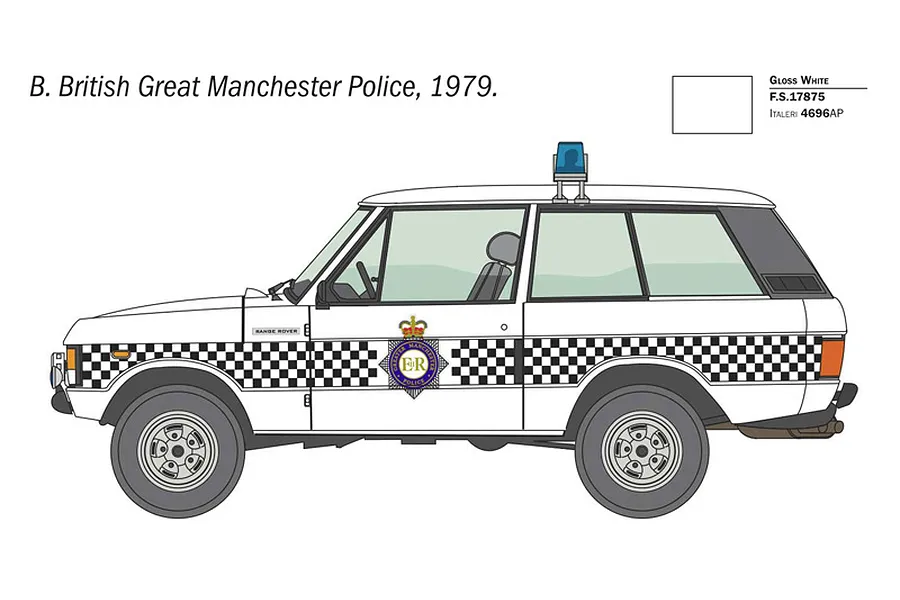 A side-profile illustration of a white Range Rover police vehicle with checkered decals, labeled as British Great Manchester Police, 1979.