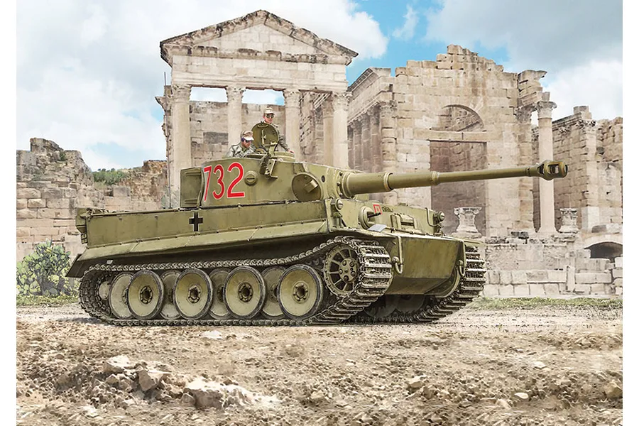 Box art illustration of an Italeri 1/35 scale Tiger I tank in a desert setting with ancient ruins in the background.