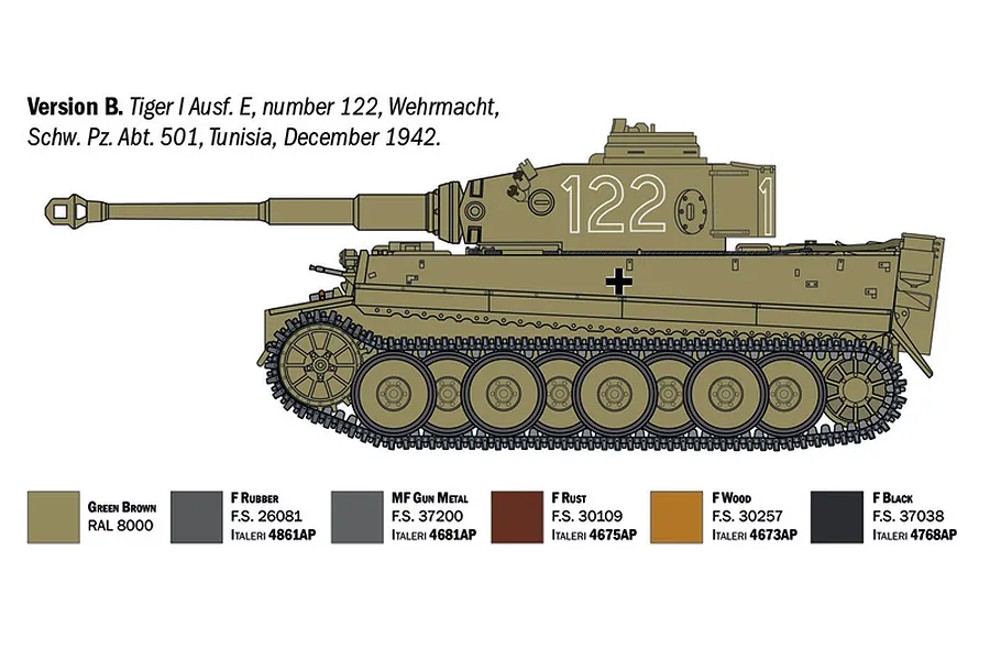 A digital illustration showing the side profile of a German Tiger I tank with a color guide for painting the model kit.