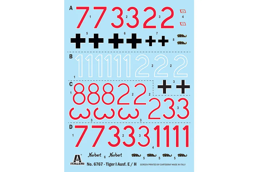 A decal sheet for an Italeri 1/35 scale Tiger I tank model, featuring various red, white, and black numbers, crosses, and unit insignia.