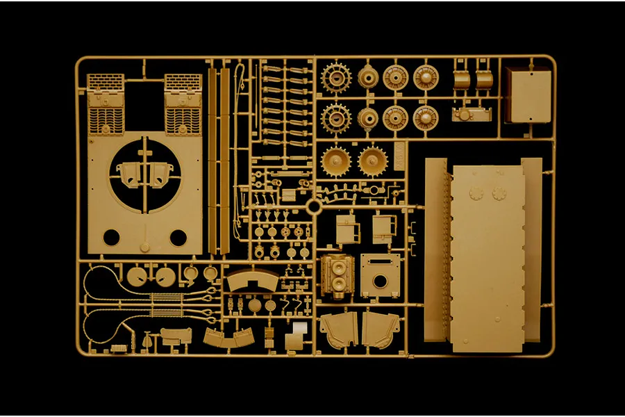 A plastic model kit sprue containing various tan-colored tank parts for an Italeri 1/35 scale Tiger I tank model.