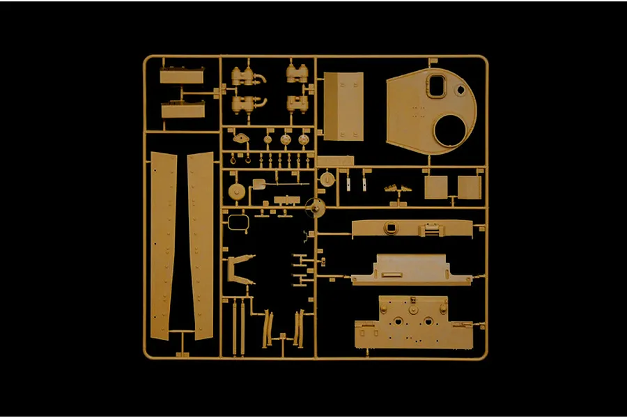 A tan plastic sprue containing various unpainted model tank parts for an Italeri 1/35 scale Tiger I tank kit.