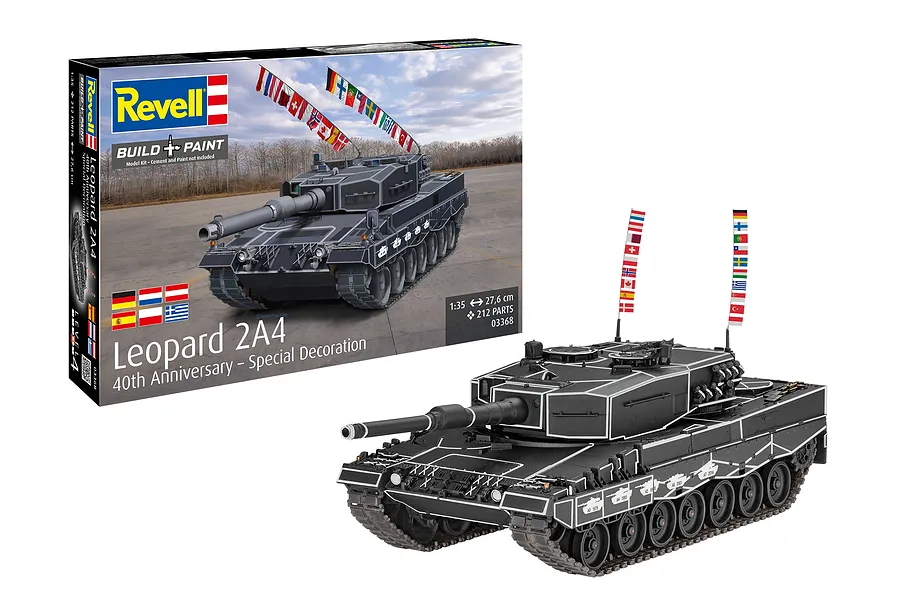Revell 1/35 scale Leopard 2A4 40th Anniversary model kit box and a fully assembled, painted black tank model with white trim and flag antennas.