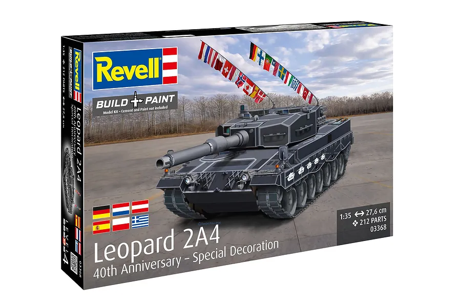 Revell 1/35 scale Leopard 2A4 40th Anniversary model kit box featuring a dark grey tank with international flags.