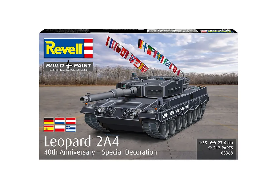 Revell 1/35 scale Leopard 2A4 40th Anniversary model kit packaging showing a tank with flags.