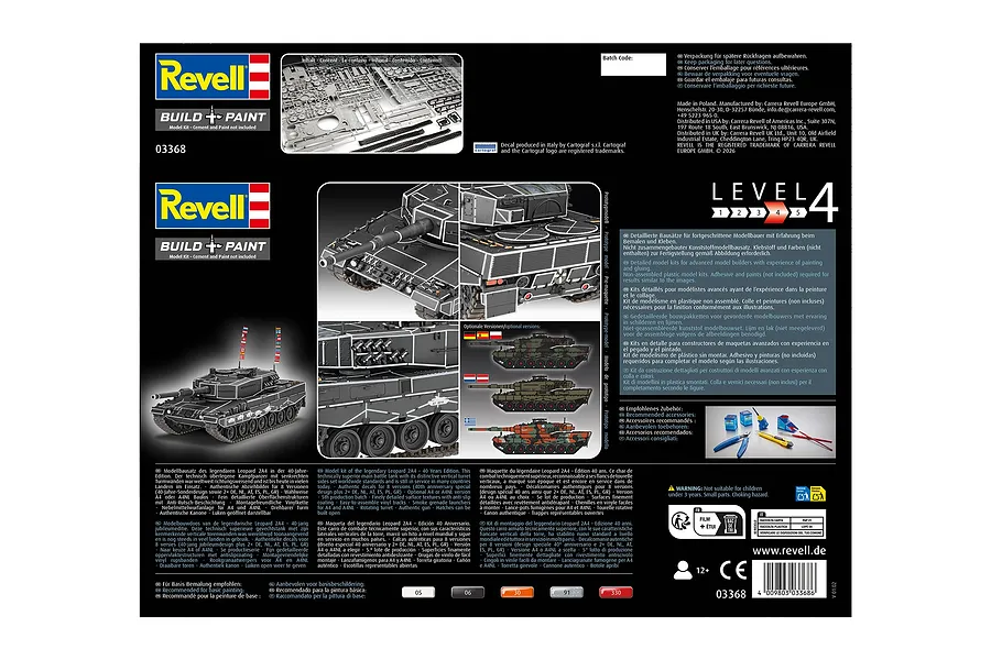 The back of a Revell Leopard 2A4 40th Anniversary model kit box, showing assembly details, product information, and multi-language descriptions.