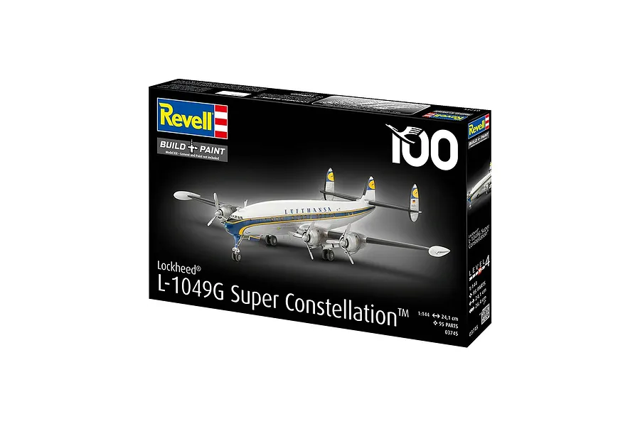 Revell 1/144 scale Lockheed L-1049G Super Constellation Lufthansa model kit box showing the finished aircraft model on a black background.