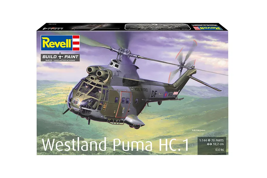 Revell 1/144 scale Westland Puma HC.1 plastic model helicopter kit box art featuring a painted illustration of the aircraft in flight over a landscape.
