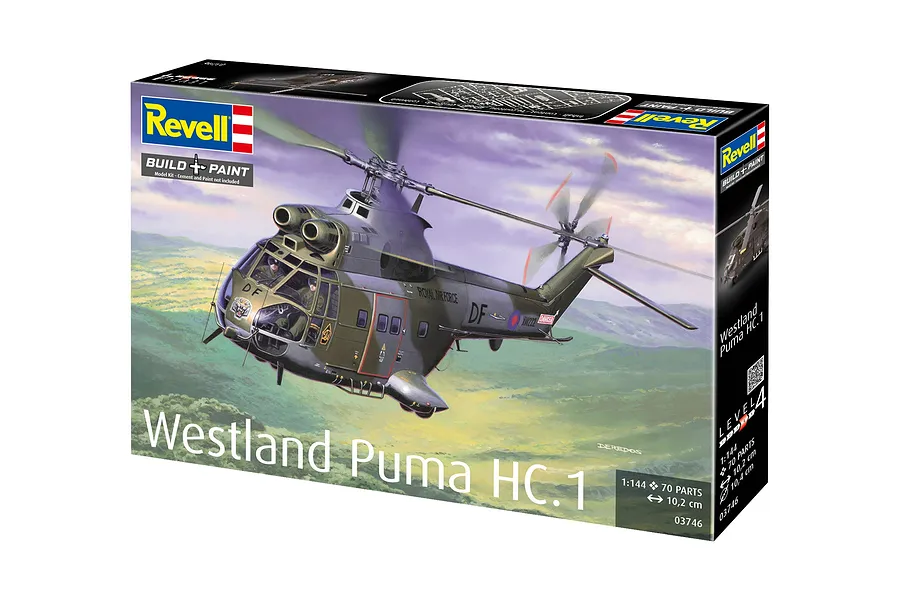 Revell 1/144 scale Westland Puma HC.1 plastic model helicopter kit box showing an illustration of the aircraft in flight.