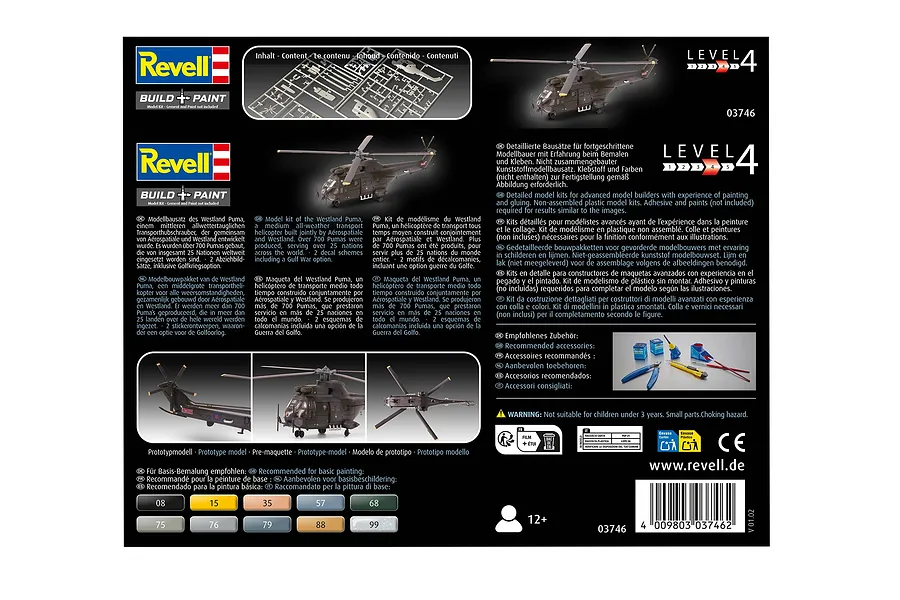 Back of the Revell 1/144 Westland Puma HC.1 model kit packaging showing assembly instructions, paint codes, and product information.