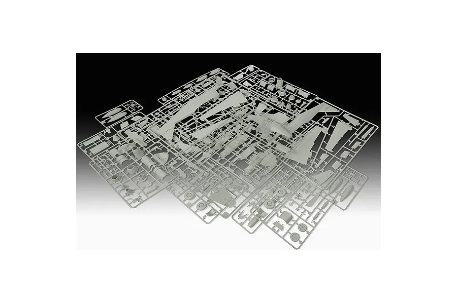 Multiple grey plastic model kit sprues for a Messerschmitt Me262A-1a/U4 jet fighter, showing various aircraft parts attached to frames.