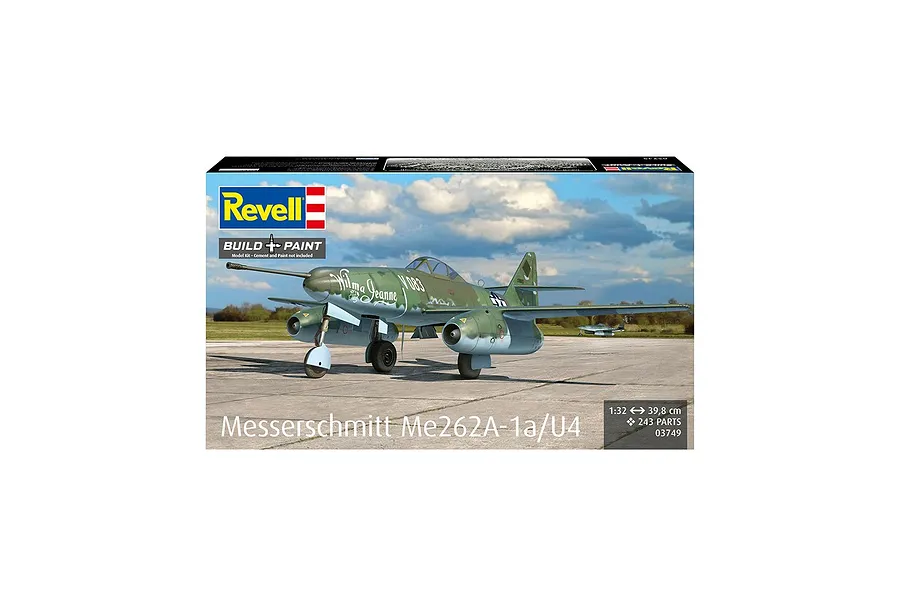 Revell 1/32 scale Messerschmitt Me262A-1a/U4 model kit packaging showing a finished jet fighter model on an airfield.