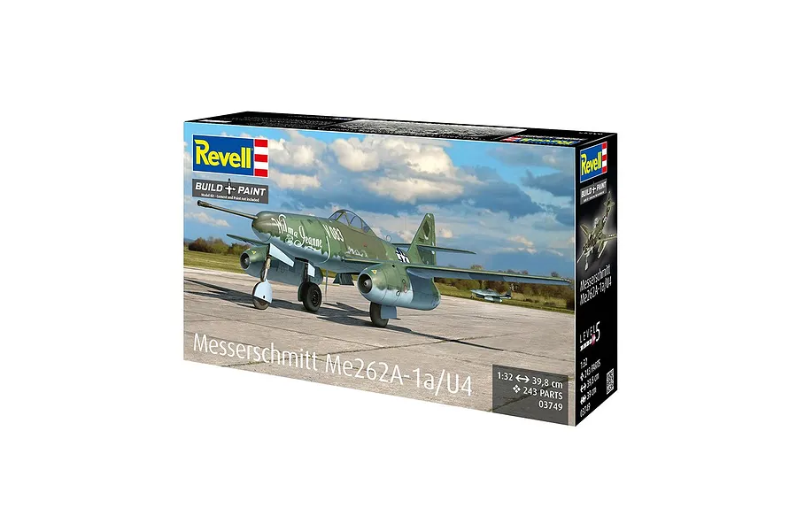 Revell 1/32 scale Messerschmitt Me262A-1a/U4 jet fighter model kit box showing a finished model on an airfield.