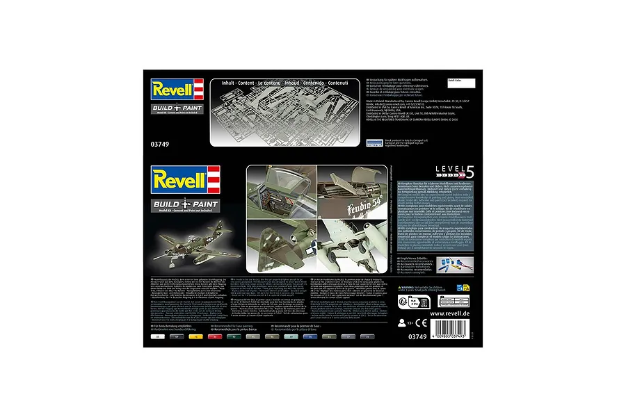 The rear of a Revell 1/32 Messerschmitt Me262A-1a/U4 model kit box, showing product information, assembly level, and images of the finished model.