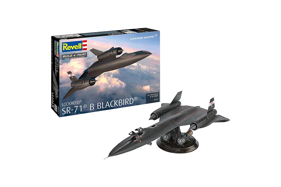 Revell 1/48 scale Lockheed SR-71B Blackbird plastic model kit box and a fully assembled, painted model aircraft on a display stand.