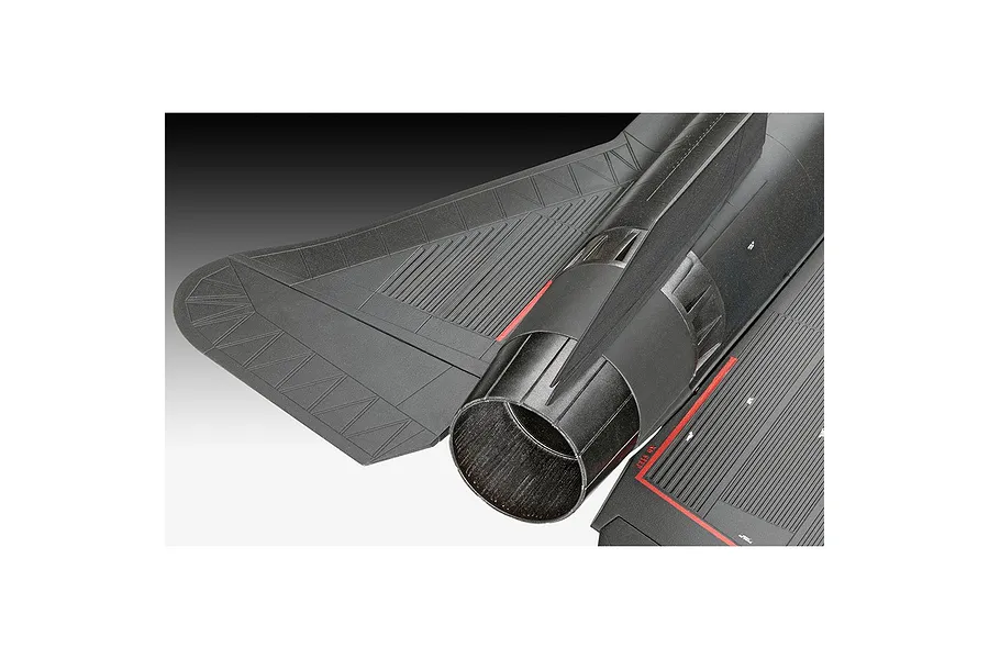 Close-up of the rear section and engine exhaust nozzle of a black Lockheed SR-71 model aircraft kit.