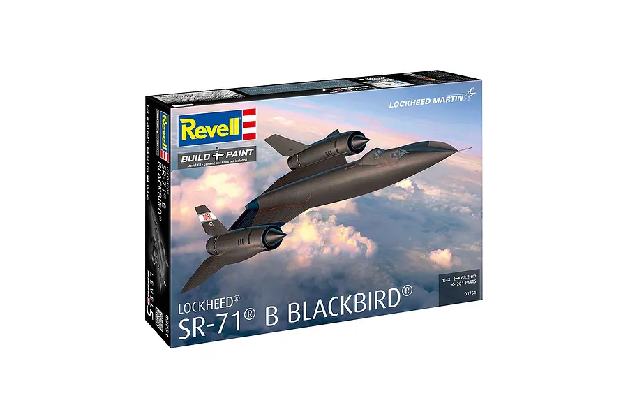 Revell 1/48 scale Lockheed SR-71B Blackbird plastic model kit box showing an illustration of the aircraft in flight against a cloudy sky.