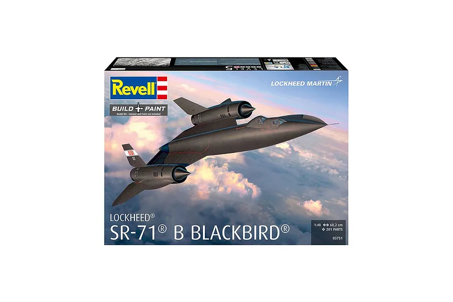 Revell 1/48 scale Lockheed SR-71B Blackbird plastic model kit box featuring an illustration of the aircraft flying above clouds.