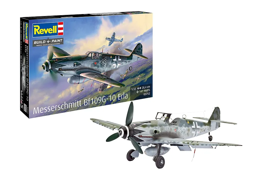 Revell 1/32 scale Messerschmitt Bf109G-10 Erla plastic model kit box and a fully assembled, painted model aircraft on a white background.