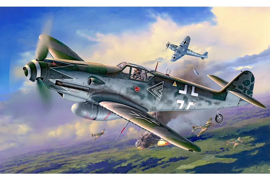 Box art illustration for Revell 1/32 Messerschmitt Bf109G-10 model kit showing the fighter plane in flight during an aerial combat scene.