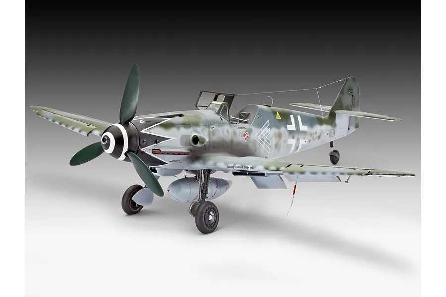 A fully assembled and painted 1/32 scale model of a Messerschmitt Bf109G-10 fighter plane, featuring a camouflage paint scheme and German markings.