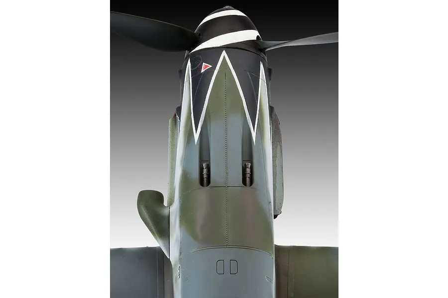 Top-down view of a Messerschmitt Bf109G-10 model aircraft nose, showing the propeller, engine cowling, and camouflage paint scheme.