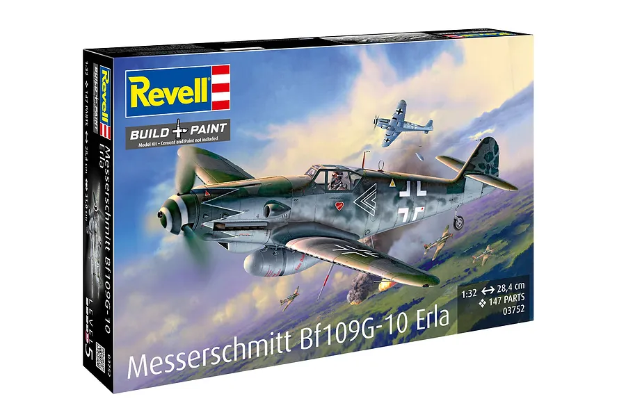 Revell 1/32 scale Messerschmitt Bf109G-10 Erla plastic model aircraft kit box art showing a German fighter plane in flight.