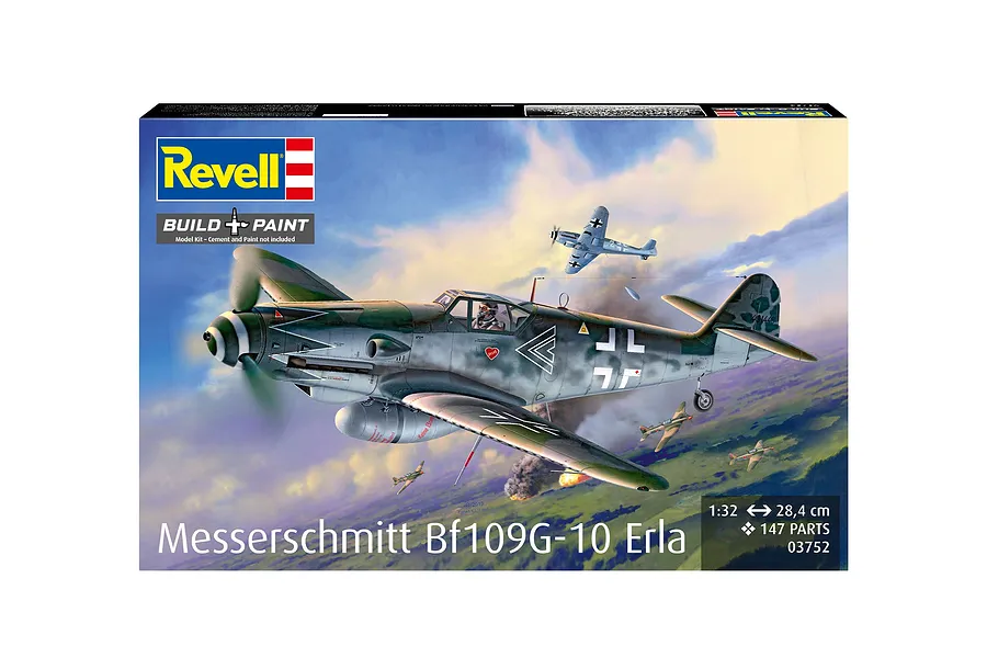 Revell 1/32 scale Messerschmitt Bf109G-10 Erla plastic model kit box art showing a fighter plane in flight.