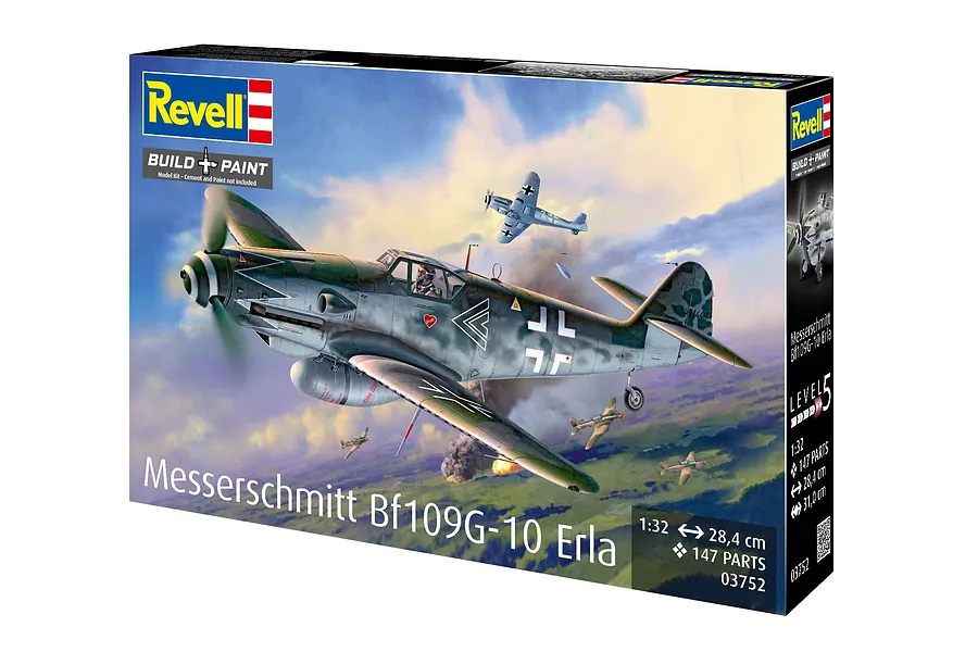 Revell 1/32 scale Messerschmitt Bf109G-10 Erla plastic model aircraft kit box showing a detailed illustration of the fighter plane in flight.