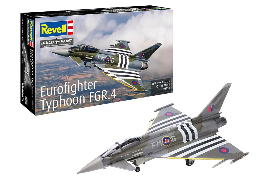 Revell 1/48 scale Eurofighter Typhoon FGR.4 plastic model kit box and a fully assembled, painted model of the jet fighter.