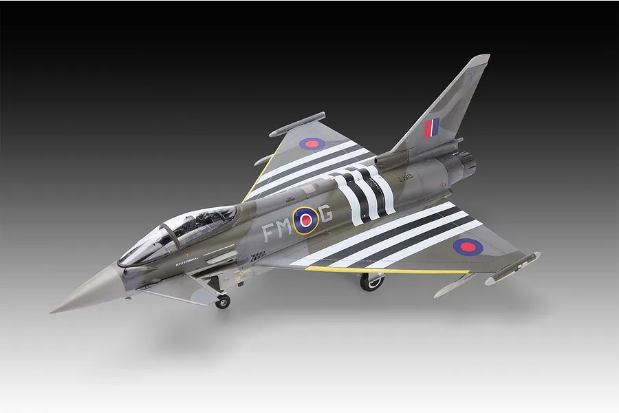 A completed 1/48 scale Revell Eurofighter Typhoon model aircraft with D-Day invasion stripes and RAF markings on a gradient background.